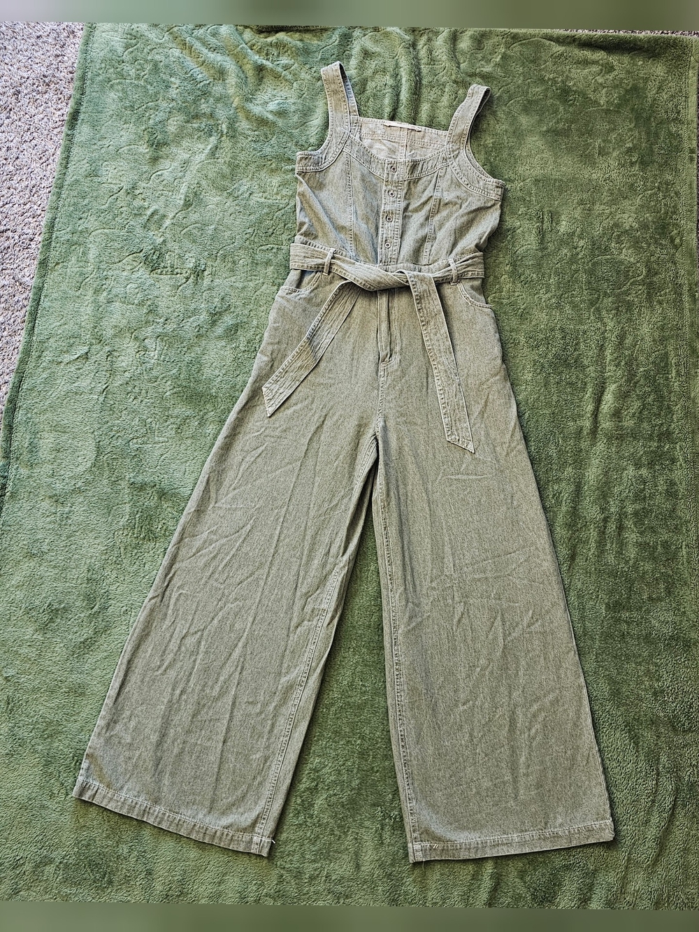 100% Cotton Olive Wide Leg Denim Jumpsuit with Tie Waist Pockets Given Kale